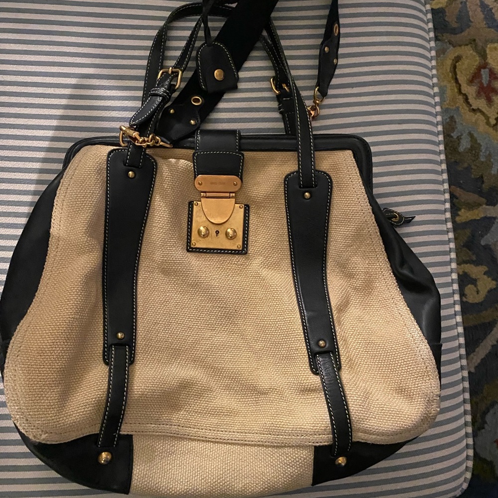 Authentic Prada Miu Miu Black and Tan leather and canvas handbag / crossbody